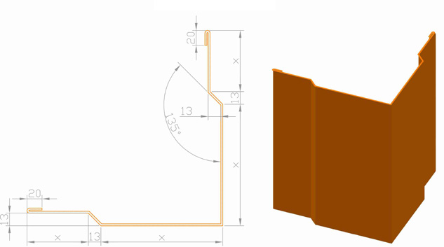 Technický nákres a 3D náhľad — Rohový vnútorný lem